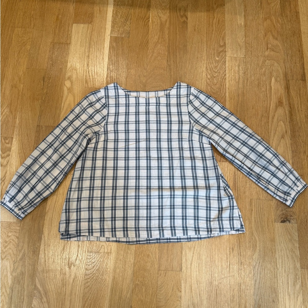TOAST Blue & Ecru Plaid Long Sleeve Top w/ Button Detail Boat Neck— like new!
